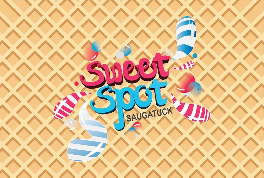 Sweet Spot Saugatuck wordmark on a waffle-cone-texture background