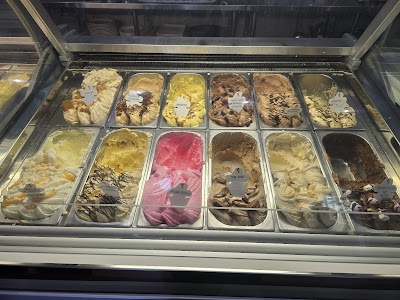 Interior serve-over display cabinet at Favourite Flavours showing a wide variety of labelled artisan gelato flavours