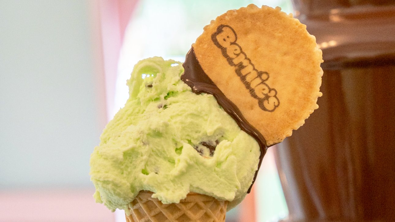A pistachio gelato cone with a chocolate-dipped Bernie's-stamped wafer