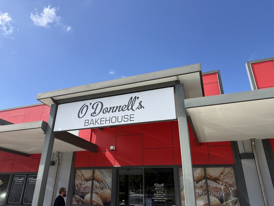 The red-and-white O'Donnell's Bakehouse shopfront on Hogg Street, Wilsonton Heights