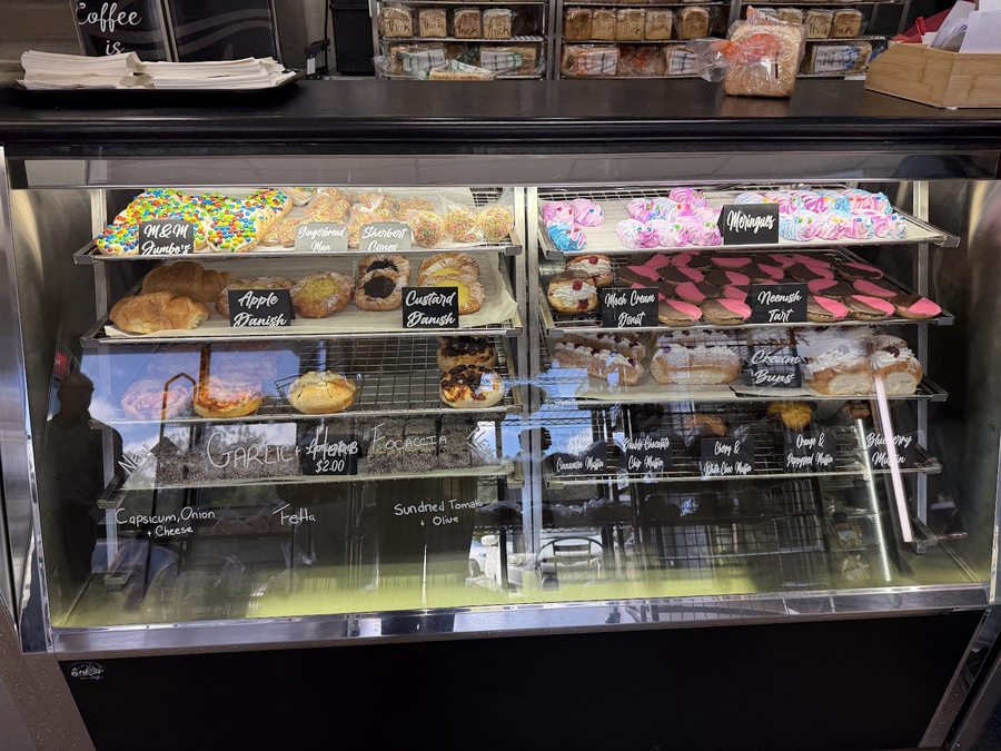 O'Donnell's Bakehouse sweet pastry case with danishes, cream donuts, meringues and muffins