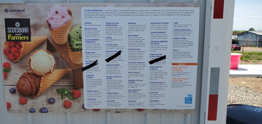 KT's Tasty Treats flavour board showing Scotsburn ice cream flavours
