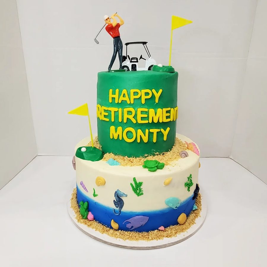 Two-tier hand-sculpted golf retirement cake