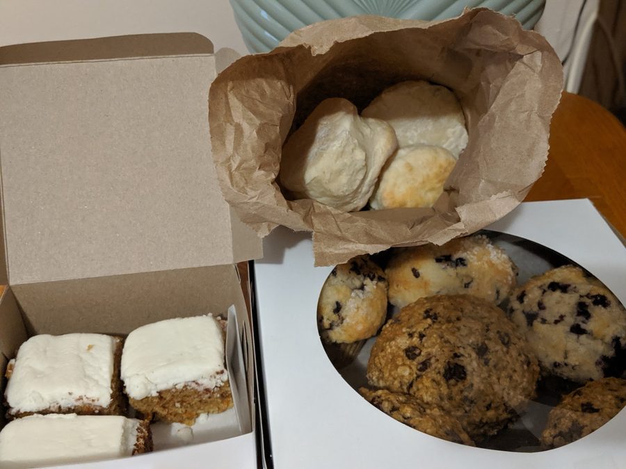 A box of Nanna's carrot squares, tea buns and muffins