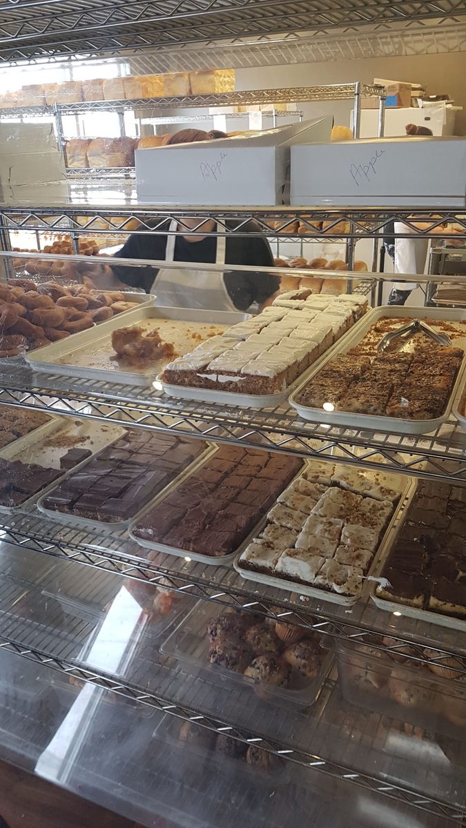 Nanna's Bakery display case with the day's fresh squares, breads and pastries