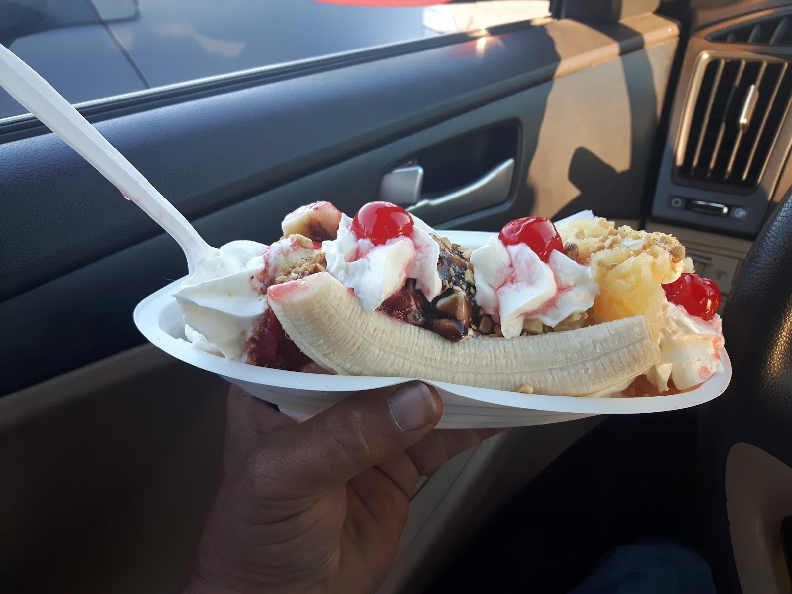 A loaded banana split sundae from Corina's Ice Cream Parlour