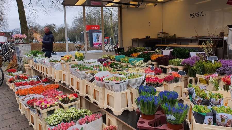 Een boeket wordt met de hand ingepakt aan de rijkgevulde tulpen- en bloemenkraam