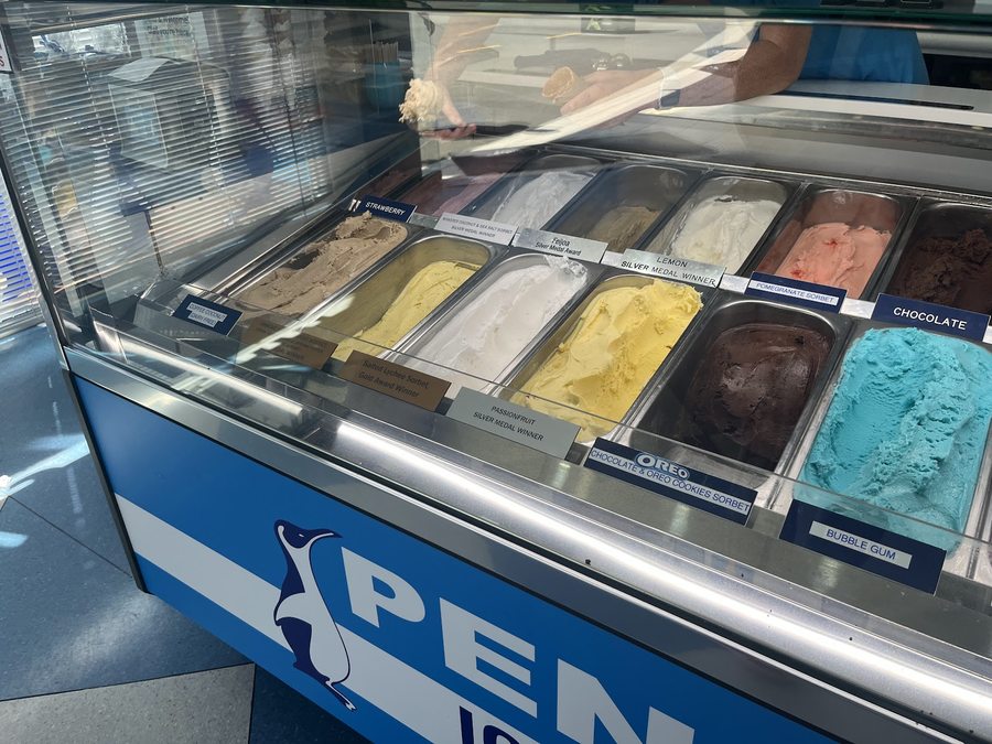 Penguino's gelato display case filled with rotating flavours and award cards