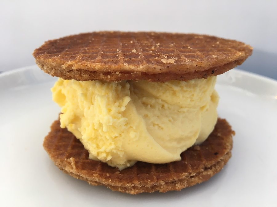 Close-up of a stroopwafel ice-cream sandwich from Penguino