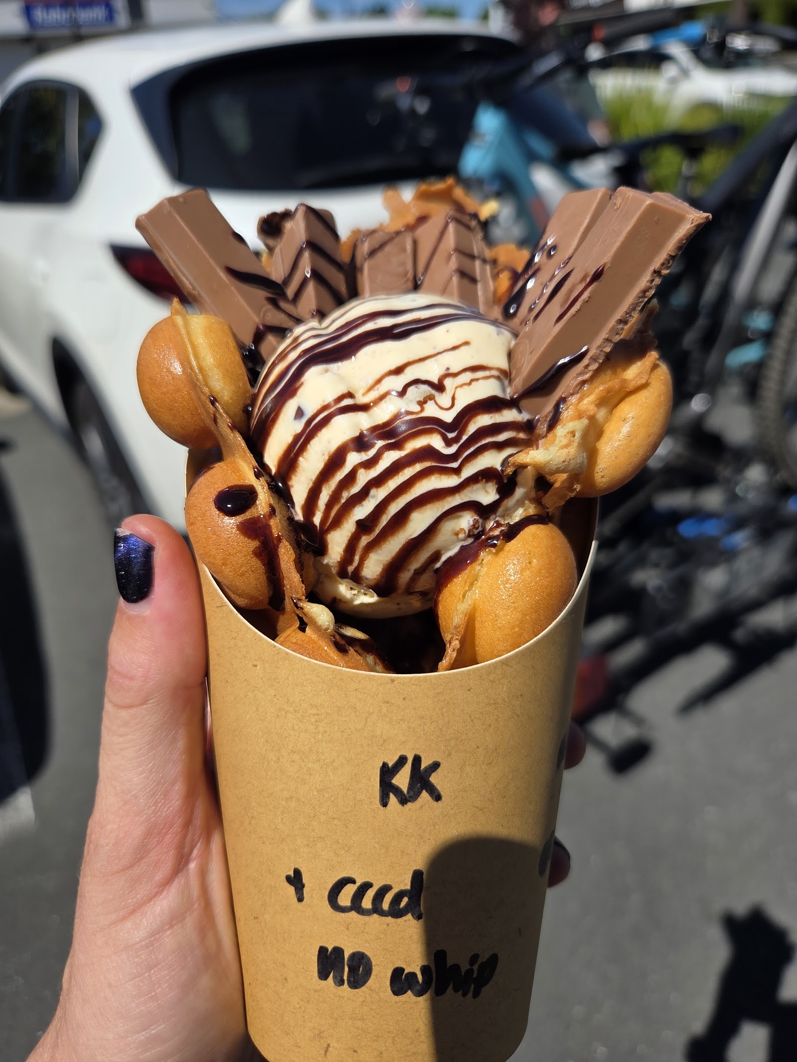 Bubble waffle cone with KitKat and ice cream