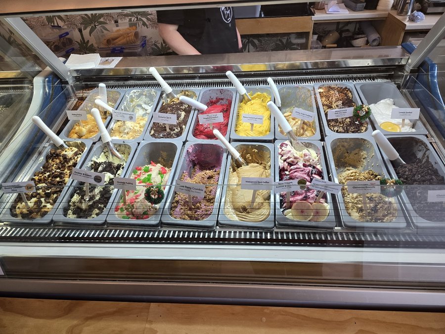 A look along the Ice ice Baby gelato display case showing the current range of flavours