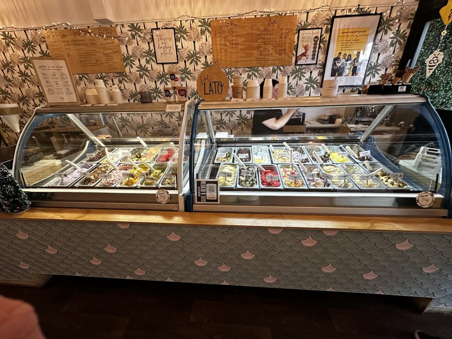 Inside the Ice ice Baby gelato bar — the counter and menu board