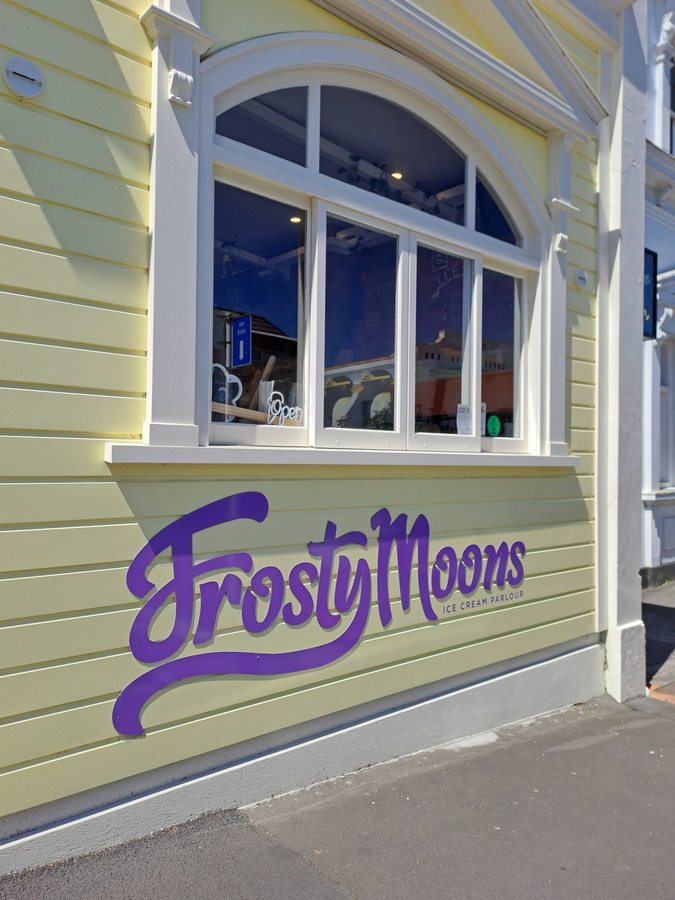 Frosty Moons storefront signage on Drews Avenue