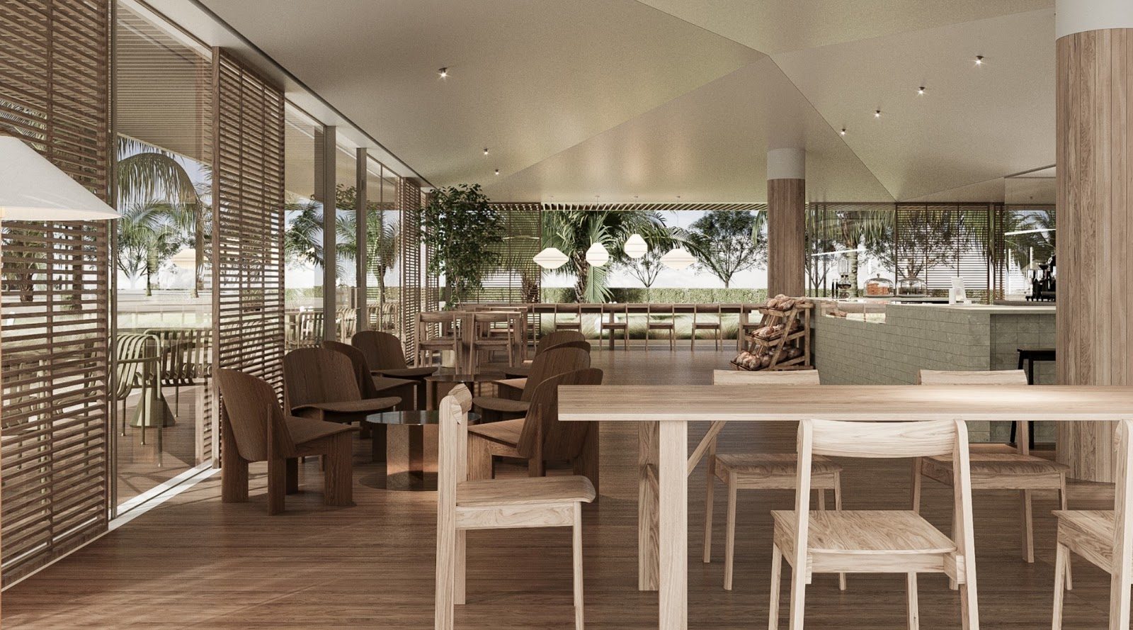 Warm-oak open-plan interior at Bkd. by Gemini, with slatted timber screens and a view of the park