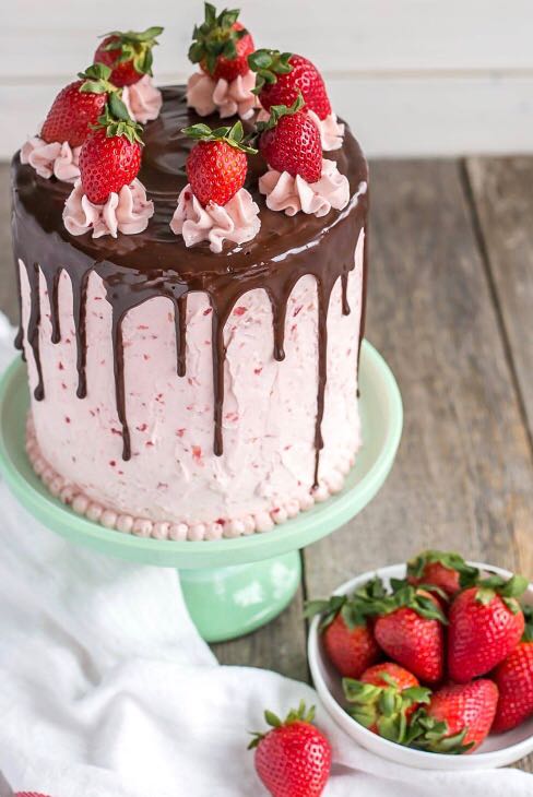 Strawberry drip celebration cake by The Tiny Bakery