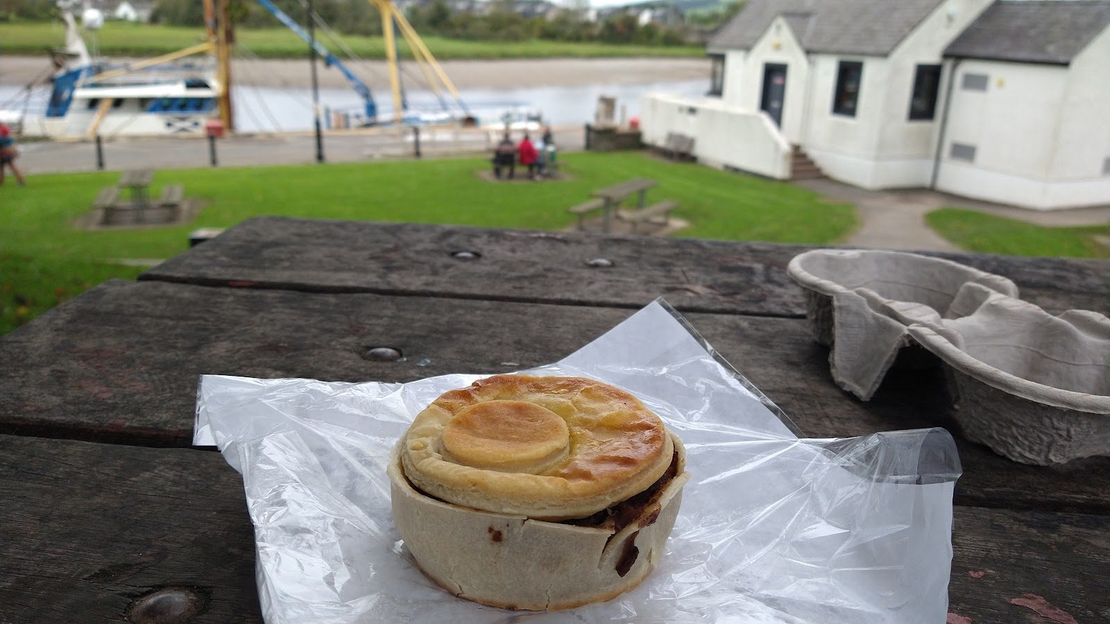 A Paul Jones Bakery pie enjoyed down at Kirkcudbright harbour