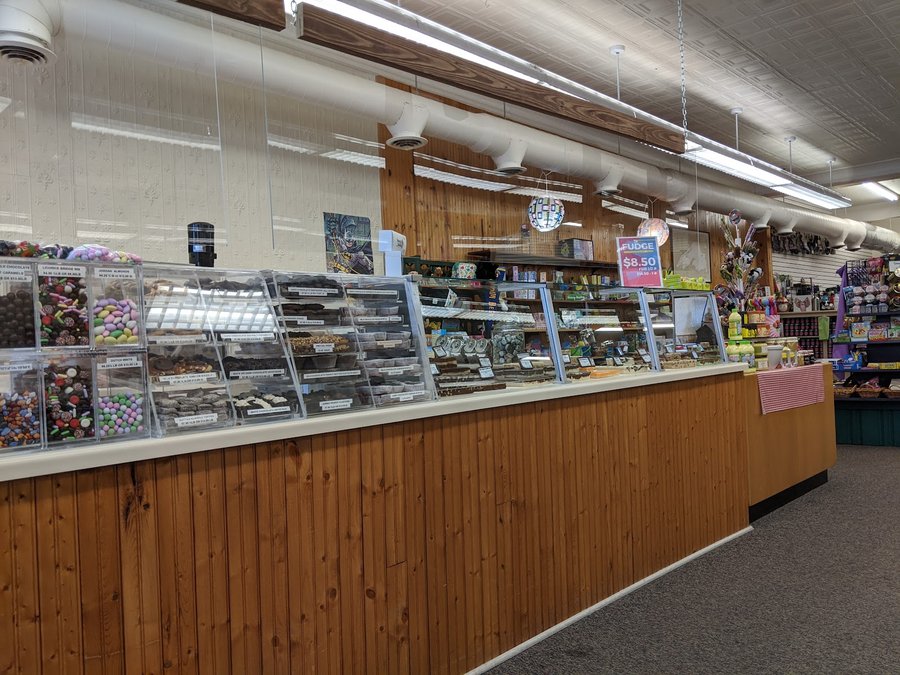 Homemade fudge and candy display case at Sweet Sailing