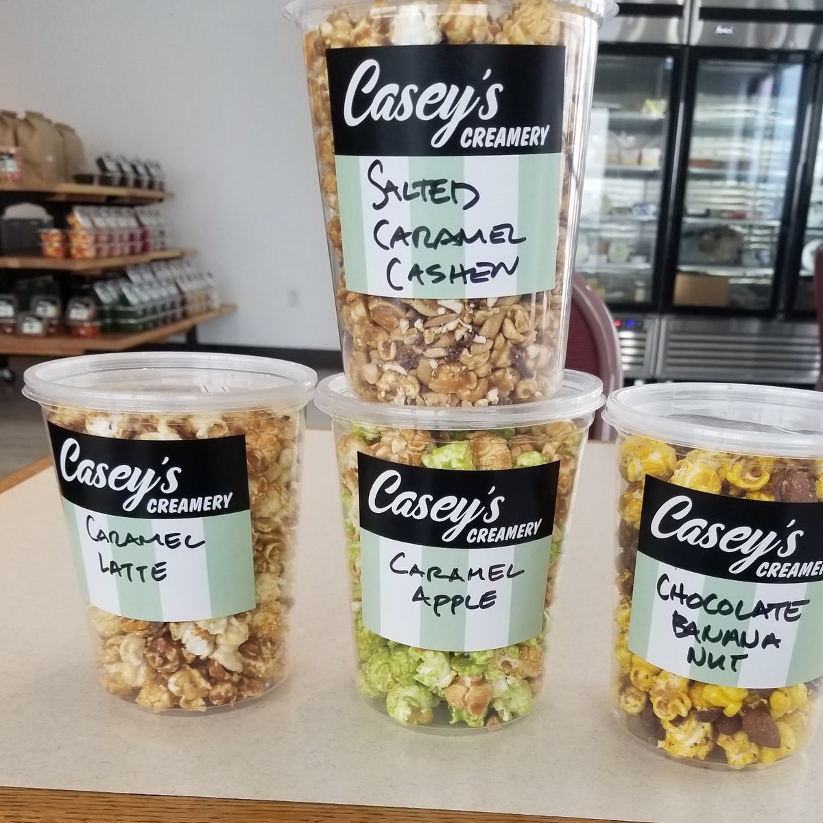 Casey's Creamery branded gourmet popcorn tubs