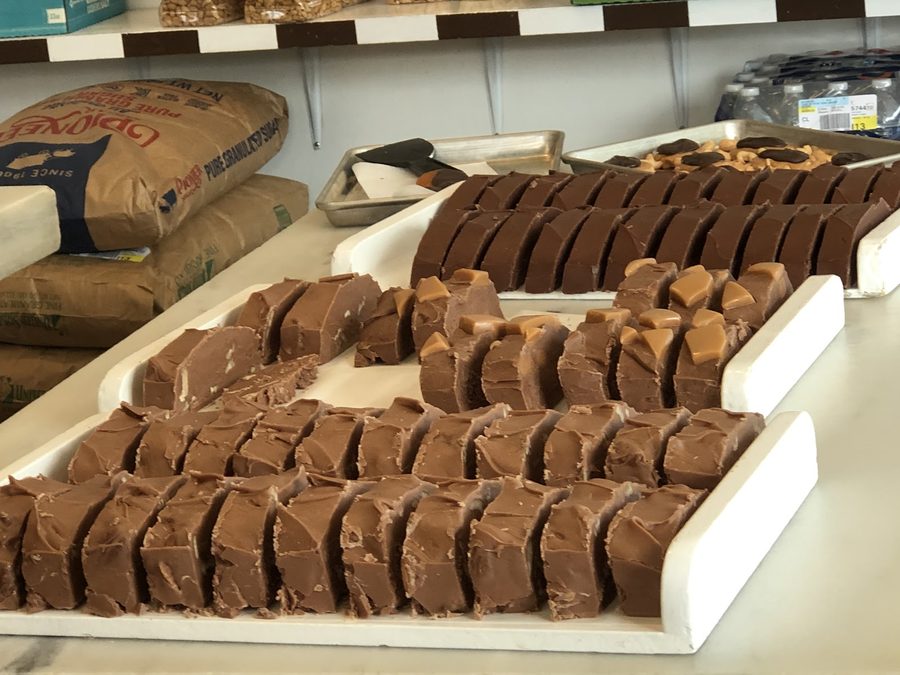 Close-up of fresh-cut fudge slices