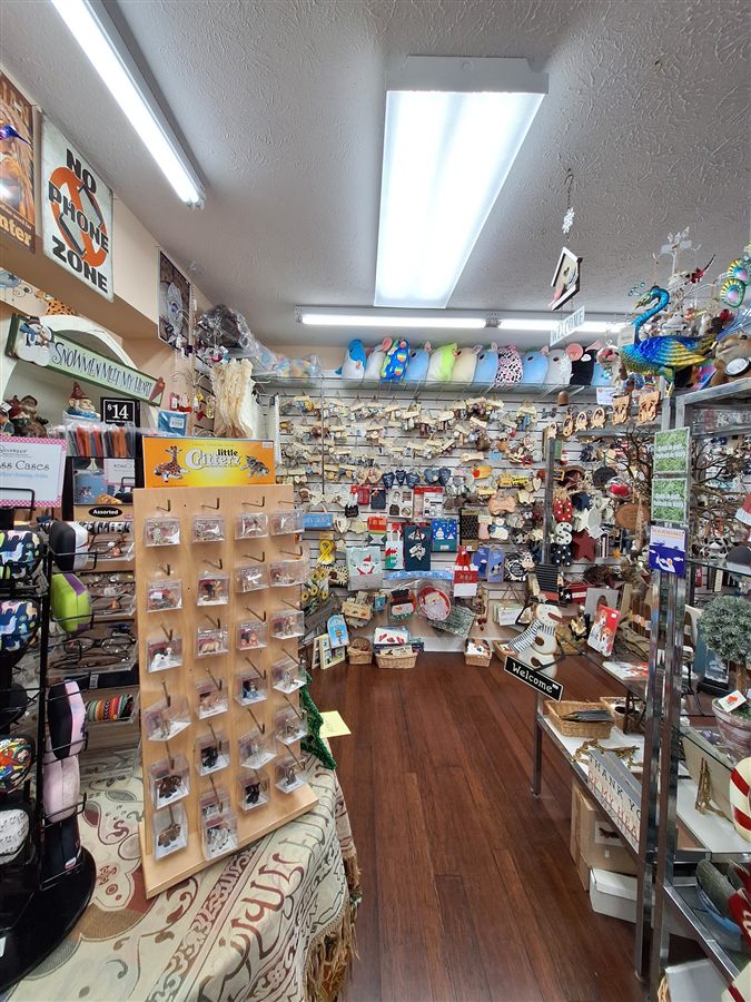 Greeting card display and a jewelry case inside the shop