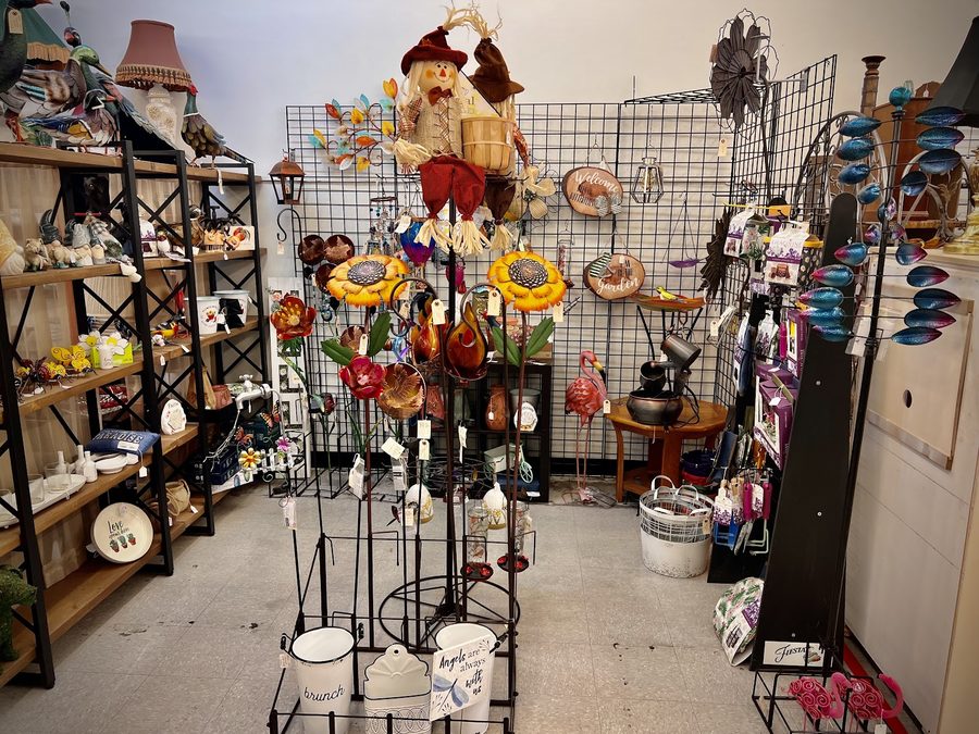 Garden and outdoor decor pieces and metal art on display