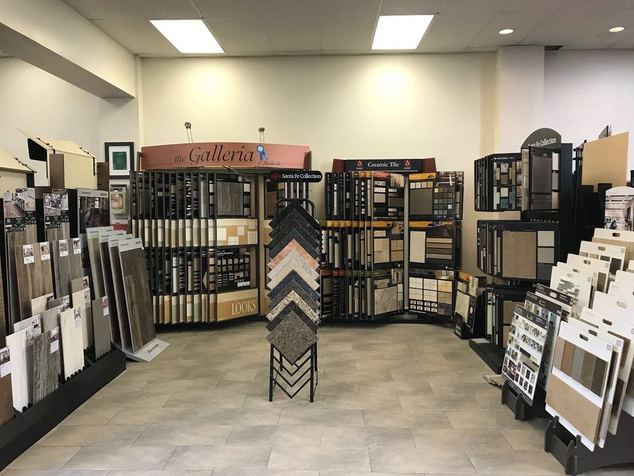 Flooring and tile sample displays inside the Interior Galore showroom