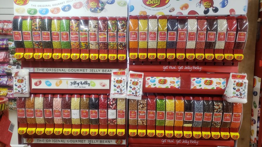 Wall of Jelly Belly and jelly-bean dispensers at Aunt Millie's