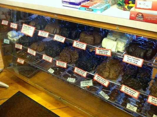 Display case of chocolate turtles and clusters with red price labels at Barbara Ann's Fudge Shoppe